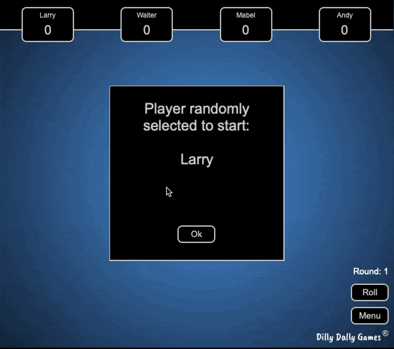 Animated gameplay of an online Bunco dice game by Dilly Dally Games showing a pop-up that randomly selects the starting player, Larry, before beginning Round 1 on a blue background with player score boxes for Larry, Walter, Mabel, and Andy.