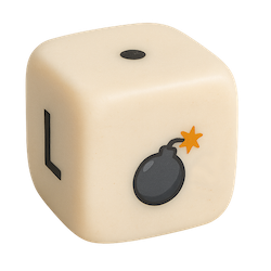 Custom LCR dice showing a bomb symbol for wild play, the letter L, and a single dot.