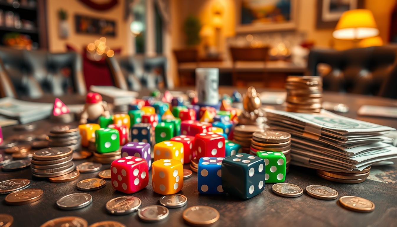 A vibrant tabletop showing how do you play LCR with money in this scene featuring colorful LCR dice scattered around, with piles of coins and paper bills stacked beside them. The background shows a cozy game room with warm lighting, a few chairs, and a festive atmosphere. The focus is on the dice, emphasizing their unique designs and bright colors, while the money adds a playful element to the game setup.