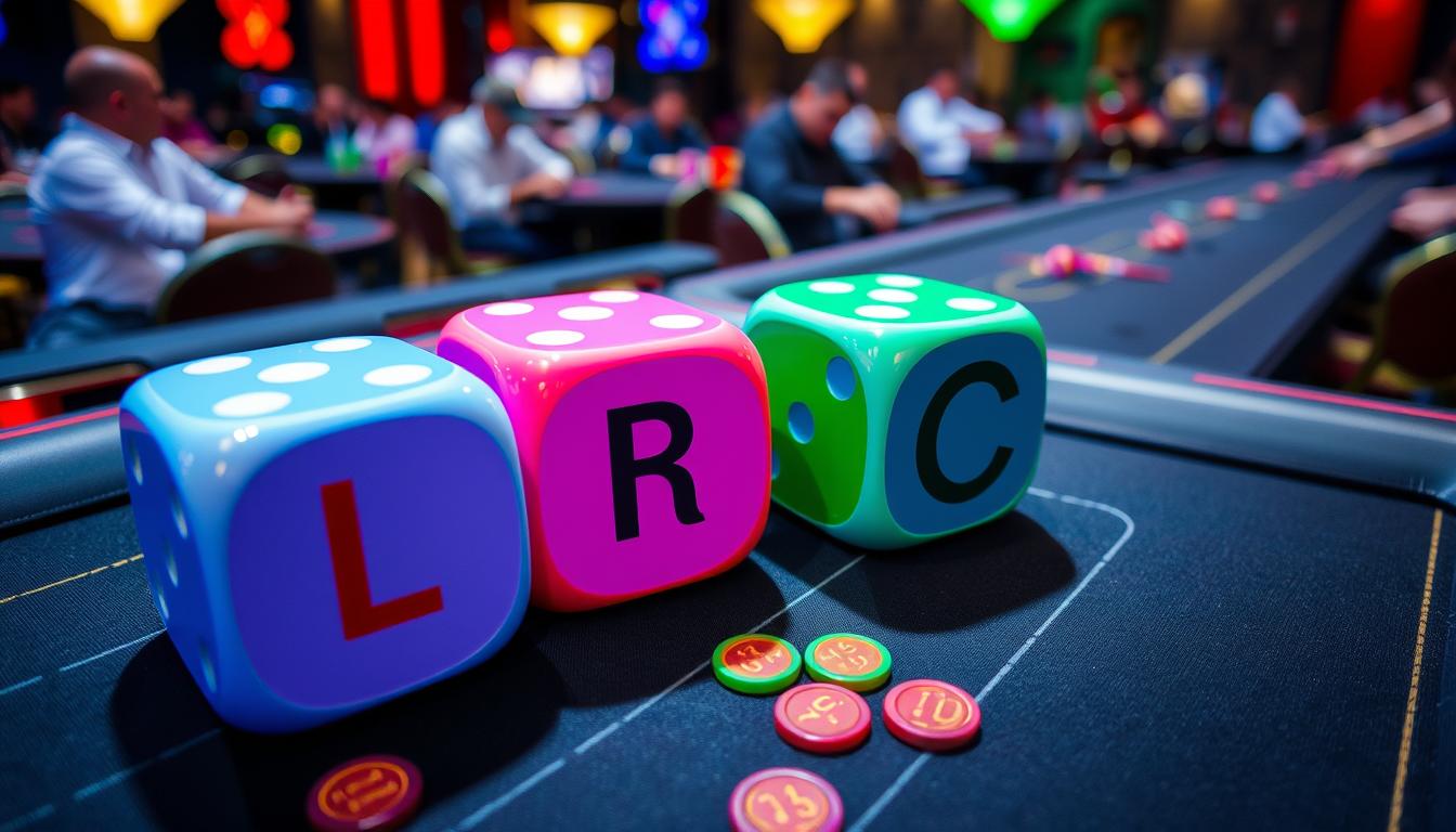 A vibrant and engaging scene of how do you play a left right center tournament, featuring colorful dice with L, R, C symbols, show multiple players sitting at multiple tables with chips in front of them.