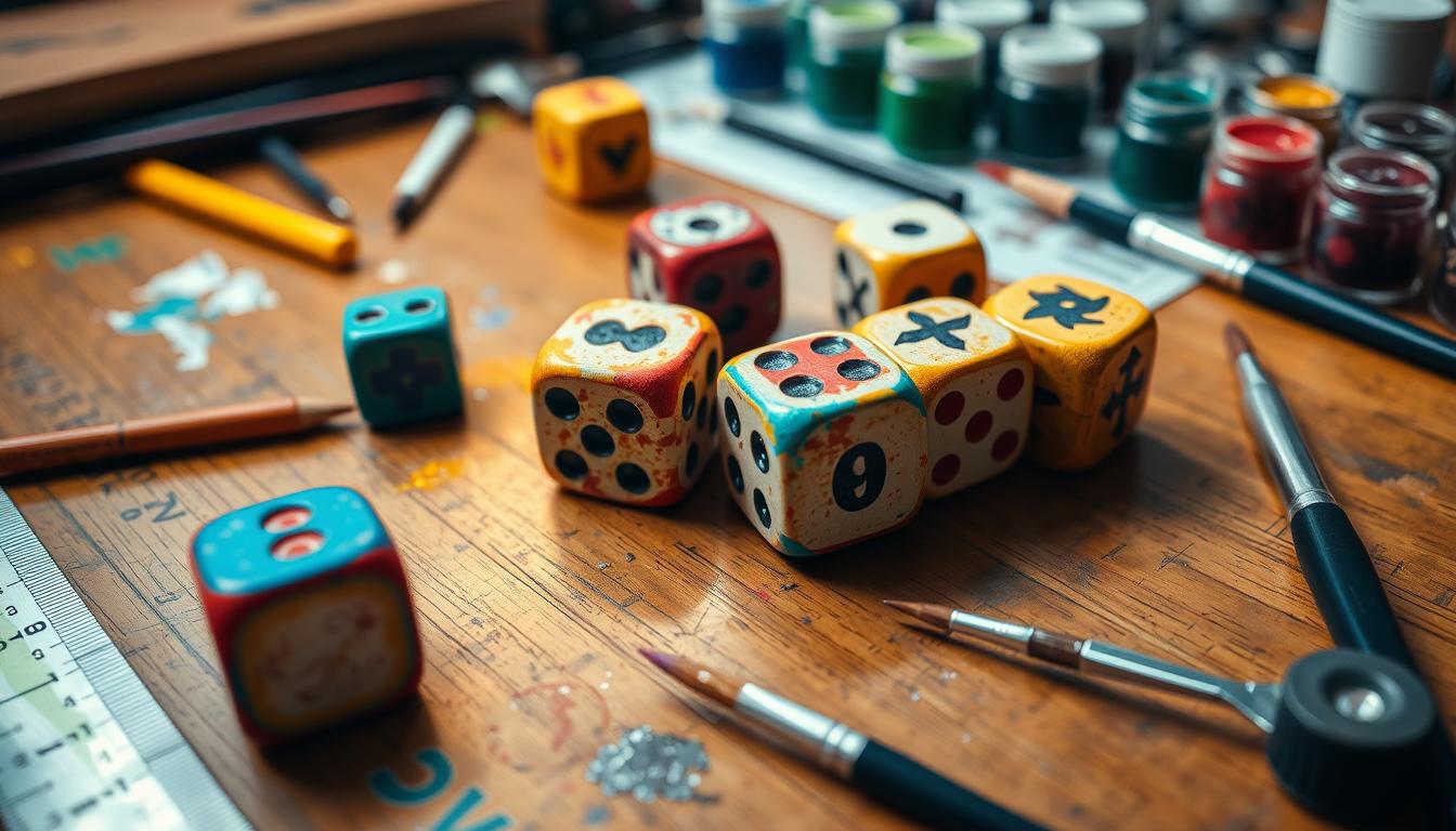 Close-up view of how to make your own left center right dice offering colorful, custom-made dice on a wooden crafting table, various tools scattered around including a ruler, paintbrushes, and paint pots, showing different stages of decorating the dice with symbols for 'left', 'center', and 'right', warm lighting highlighting the textures and details.