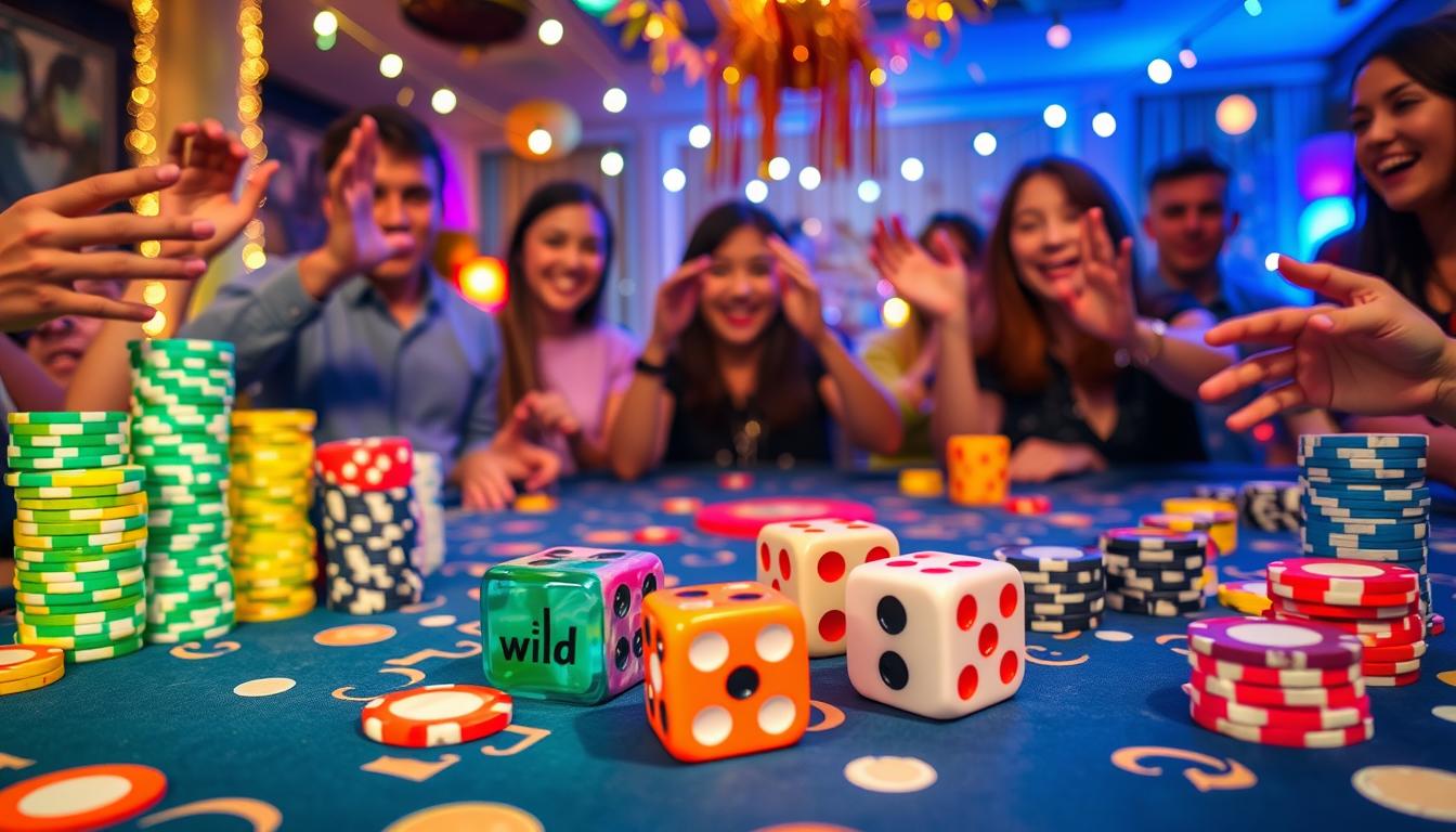 A vibrant scene depicting how to play LCR Wild dice game, featuring colorful dice with symbols representing 'wild,' 'left,' and 'right' on a festive tabletop. Surround the dice with stacks of chips in various colors, and include an inviting party atmosphere with cheerful decorations, ambient lighting, and players’ hands reaching for the dice. Emphasize the excitement of gameplay with expressions of anticipation and joy in the surroundings.