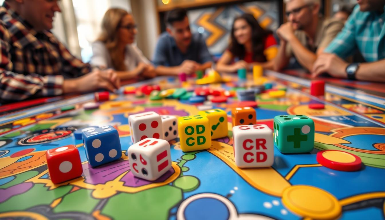 Colorful LCR dice scattered on a vibrant game board, showing how to win the LCR dice game with the unique symbols of Left, Center, and Right. The background features a lively atmosphere of friends gathered around a table, engaging in friendly competition, with colorful chips representing stakes laid out.