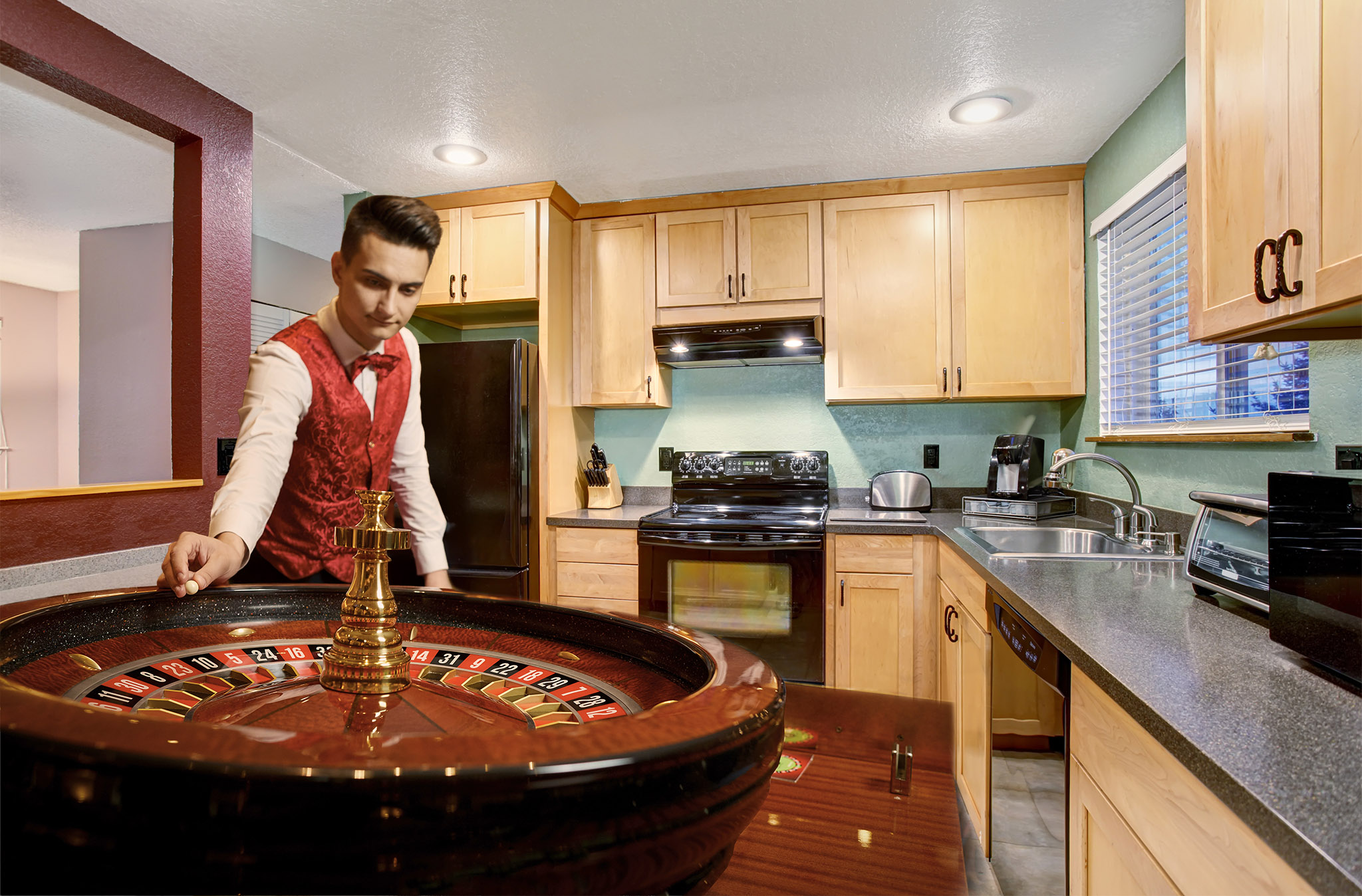 A casino dealer in a red vest spinning a roulette wheel in a home kitchen, humorously blending casino gaming with everyday home life.
