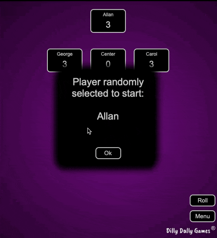 Animated gameplay of the online Left Center Right dice game by Dilly Dally Games showing a pop-up announcing 'Player randomly selected to start: Allan' on a purple background with player score boxes for Allan, George, Carol, and the Center pot.