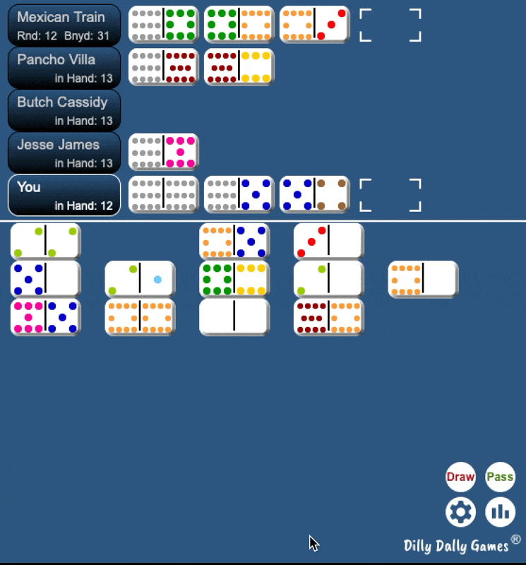 Animated gameplay of an online Mexican Train Dominoes match by Dilly Dally Games showing colorful domino tiles placed on multiple trains labeled Mexican Train, Pancho Villa, Butch Cassidy, Jesse James, and You, with draw and pass buttons on a blue background.