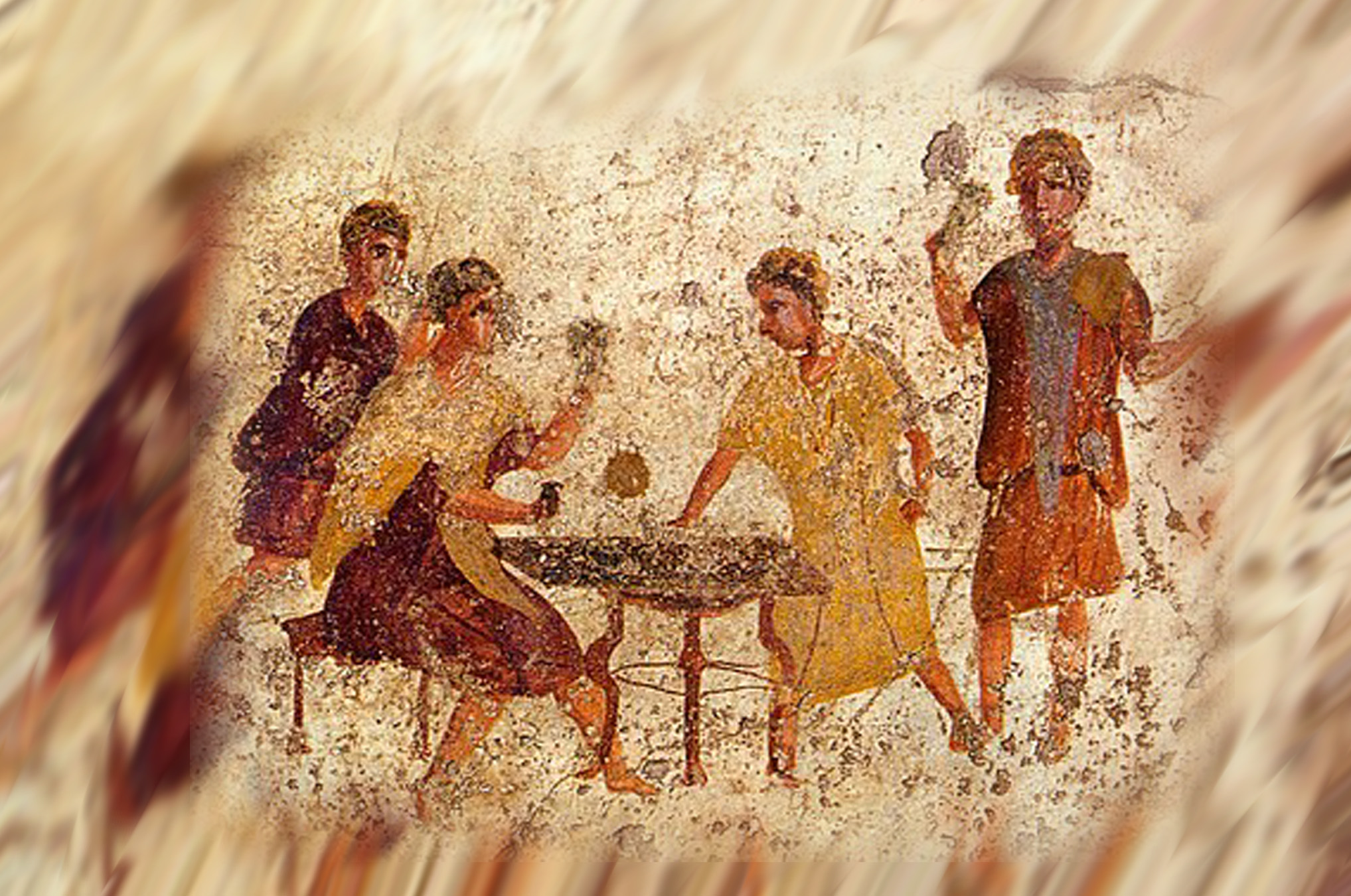 Ancient fresco of Roman men playing a dice game around a small table in Pompeii, illustrating the long history of dice gambling and social gaming.