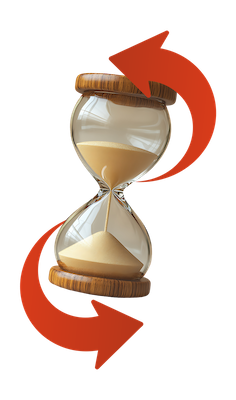 Illustration of an hourglass with red circular arrows symbolizing a timer reset or replay mechanic.