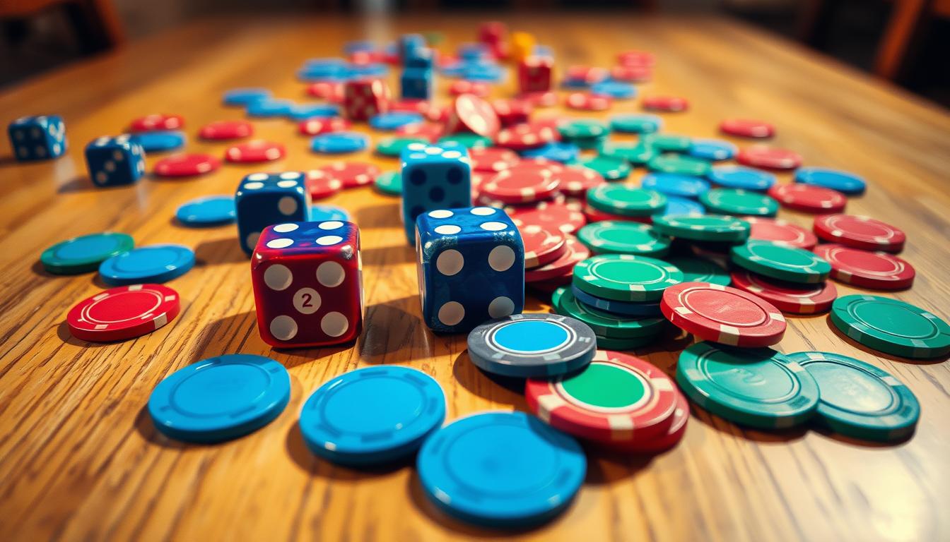 A colorful arrangement of left right center dice and game chips scattered on a wooden table, featuring what age is left right center dice game appropriate for, with vibrant blue, red, and green colors, with a cozy family game night atmosphere, soft lighting highlighting the dice and chips, inviting and playful setting.