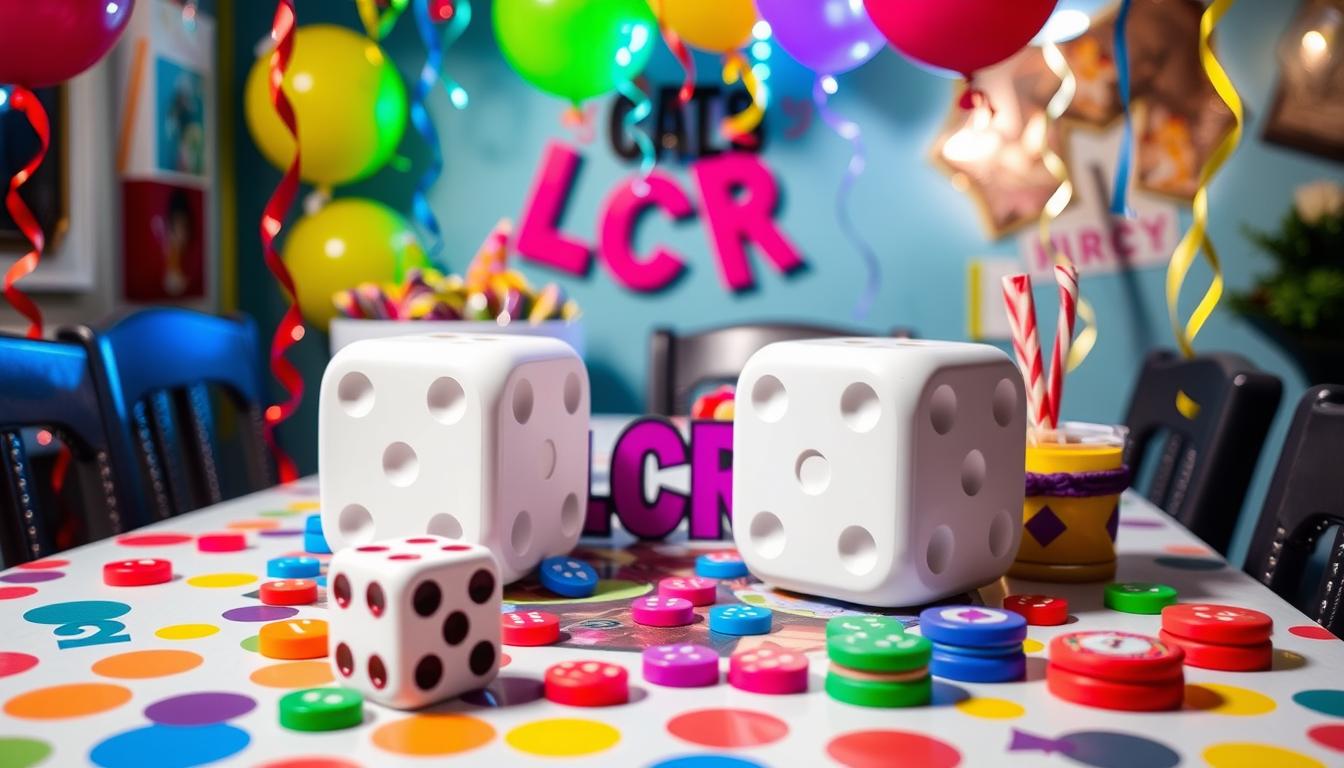 A colorful, whimsical table setting featuring the LCR game with unique, oversized dice and custom tokens, surrounded by cheerful party decorations, a festive atmosphere with balloons and streamers, and playful lighting illuminating the scene.