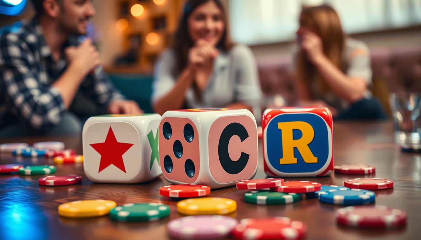 A vibrant tabletop scene for what is the star in left center right dice game, featuring the Left Center Right dice game. Show three colorful, oversized dice with distinct symbols: a star, an 'L,' a 'C,' and an 'R'. Include scattered poker chips in various colors around the dice, and a cozy ambiance with soft lighting. The background hints at a casual game night setting with blurred figures of friends engaged and having fun.